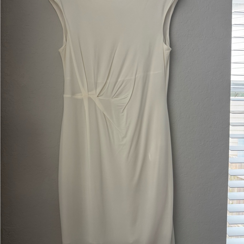 Cream Mini Ruched Sheath Dress with Cap Sleeves